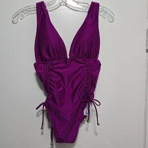 GIGI C Audrey shiny tricot swimsuit with gold accents. Fuchsia.. Sz S. NWT